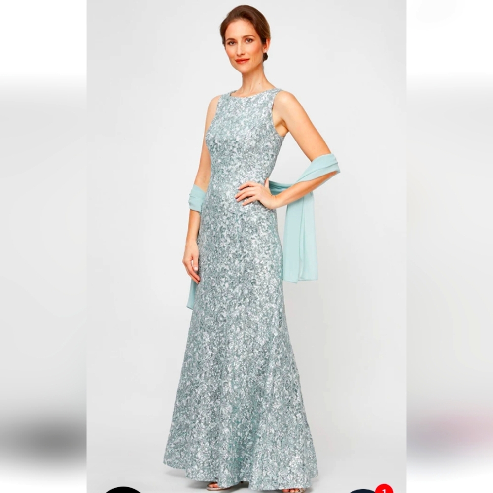 Alex EVenings Elegant Sage, Sequin Evening Gown With Shawl